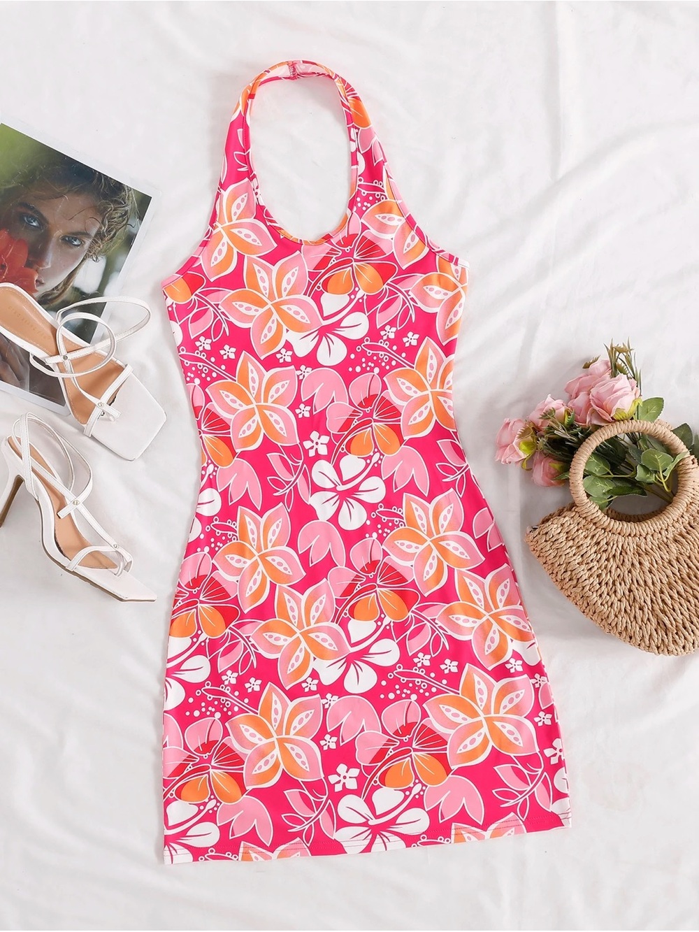 SHEIN Pink Orange Floral Backless Halter Dress